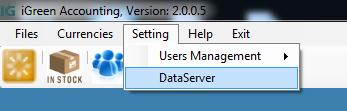 Menu to data server in iGreen accounting