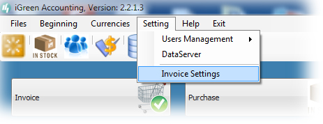 Invoice setting menu in iGreen accounting 2.1.1.3