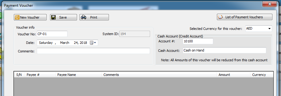 Form of cash payment entry in iGreen accounting
