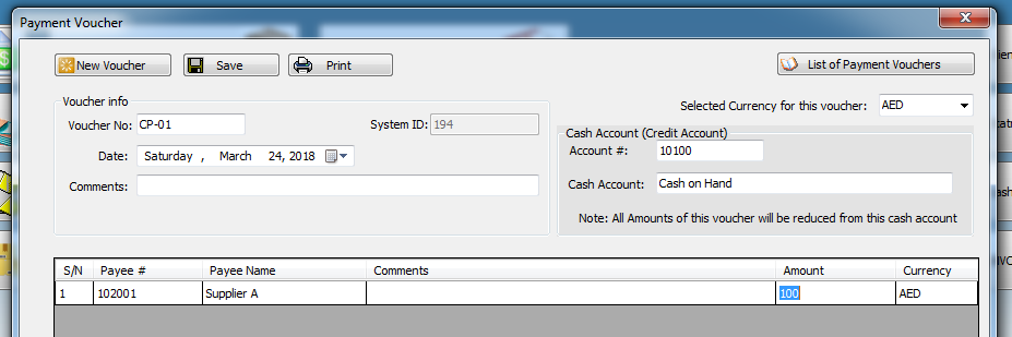 Example of payment to supplier by cash in iGreen