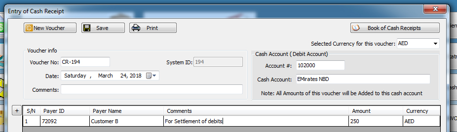 Example of bank wire receipt entry in iGreen accounting