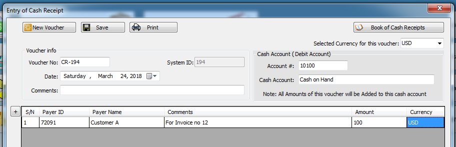 Example of cash receipt entry in iGreen accounting