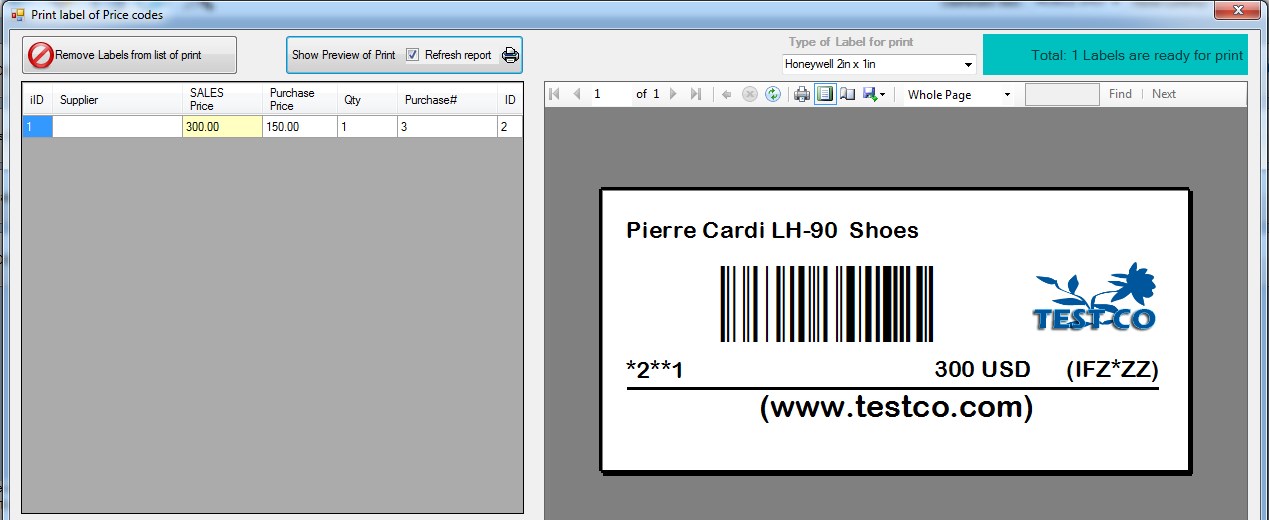 Preview form of barcode label in iGreen