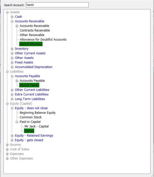 Result of search accounts in iGreen software
